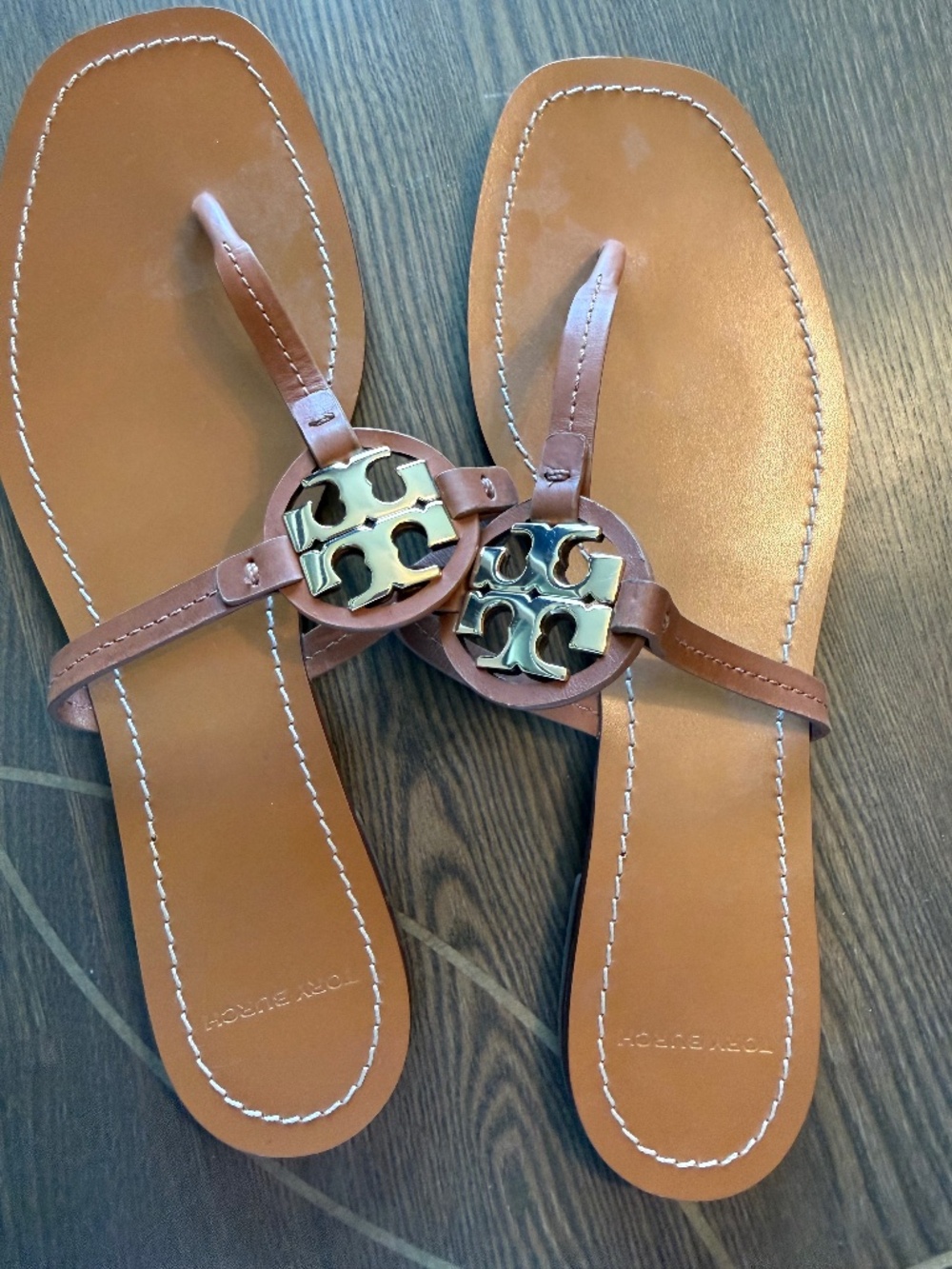 Tory Burch Brown Leather Logo Toe-Post Sandals with Gold Emblem